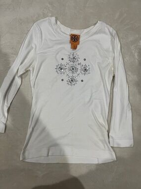 Tory Burch White Long-Sleeve Top with Center Crystal Motif